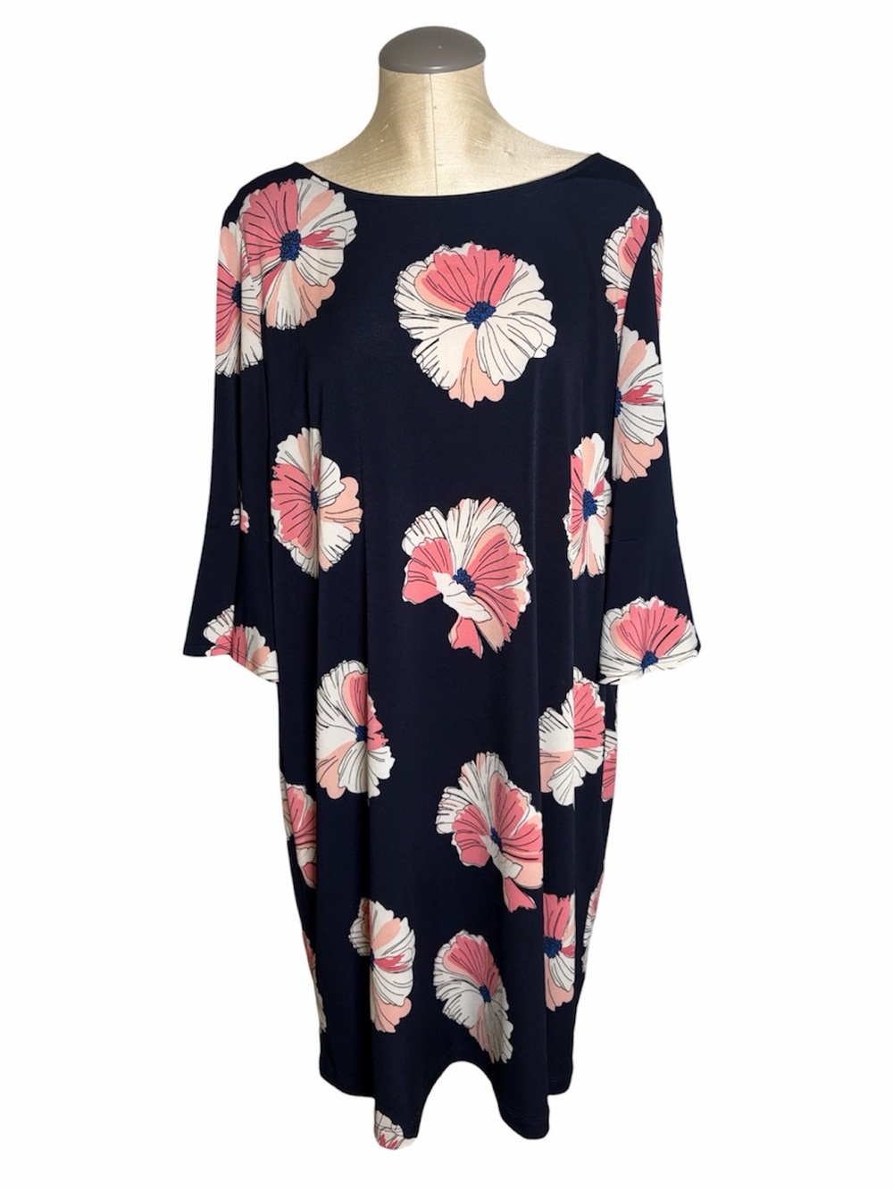 Roz & Ali Navy Floral Shift Dress 3/4 Bell Sleeves Pink & White Bloom Size 1X